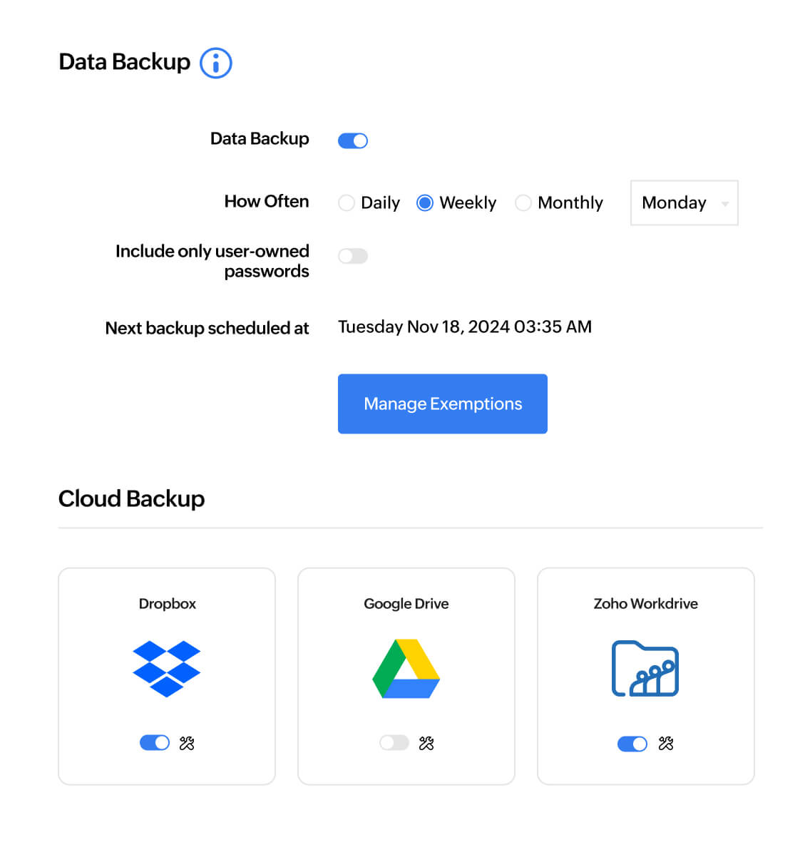 Securely back up your Zoho Vault passwords to your email or any cloud storage service for convenient access at any time.