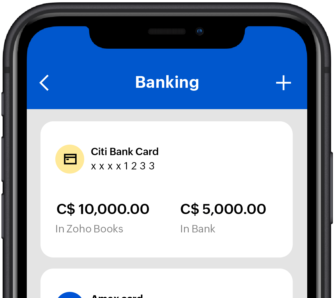 Zoho Books mobile app interface shows the banking module